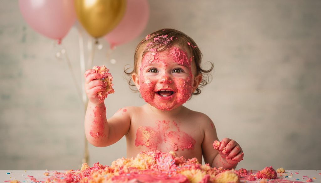 A joyous one-year-old child, covered in frosting from an unforgettable Heatherdale cake smash photography session, giggling amidst colourful balloons and soft studio lighting, capturing pure, messy delight.
