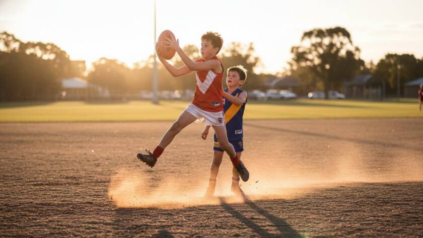 A dynamic, high-action photograph capturing an unforgettable junior sports moment Frankston North, featuring a young footballer scoring a goal at a local Frankston North oval under dramatic late afternoon light, conveying triumph and energy.