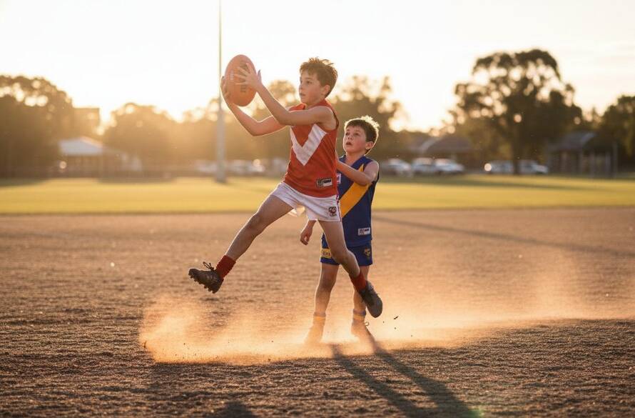 A dynamic, high-action photograph capturing an unforgettable junior sports moment Frankston North, featuring a young footballer scoring a goal at a local Frankston North oval under dramatic late afternoon light, conveying triumph and energy.