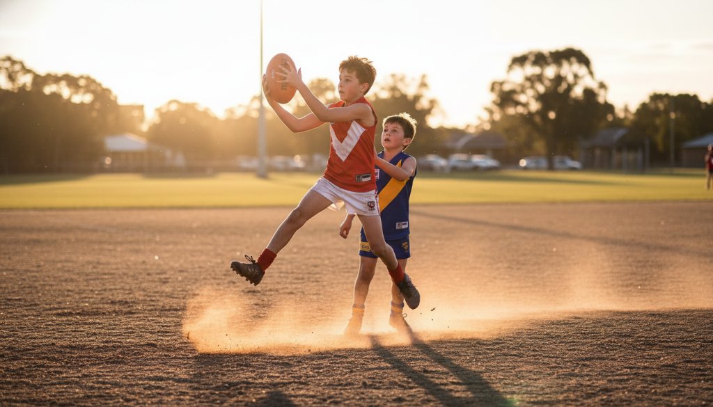 A dynamic, high-action photograph capturing an unforgettable junior sports moment Frankston North, featuring a young footballer scoring a goal at a local Frankston North oval under dramatic late afternoon light, conveying triumph and energy.