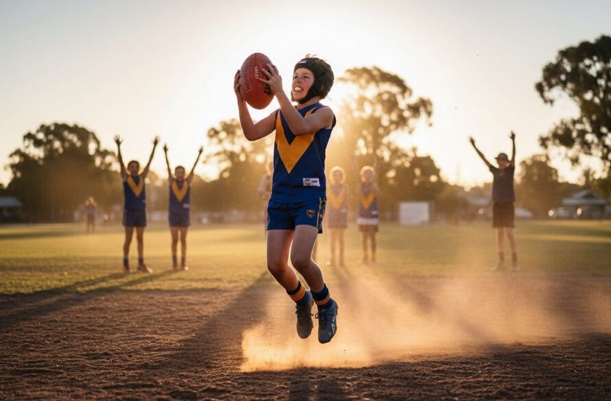 A dynamic and emotionally charged photograph capturing an unforgettable junior sports photography Canadian Victoria moment: a young Australian Rules Football player kicking for goal, bathed in dramatic evening light at a local oval, with proud parents cheering in the background.