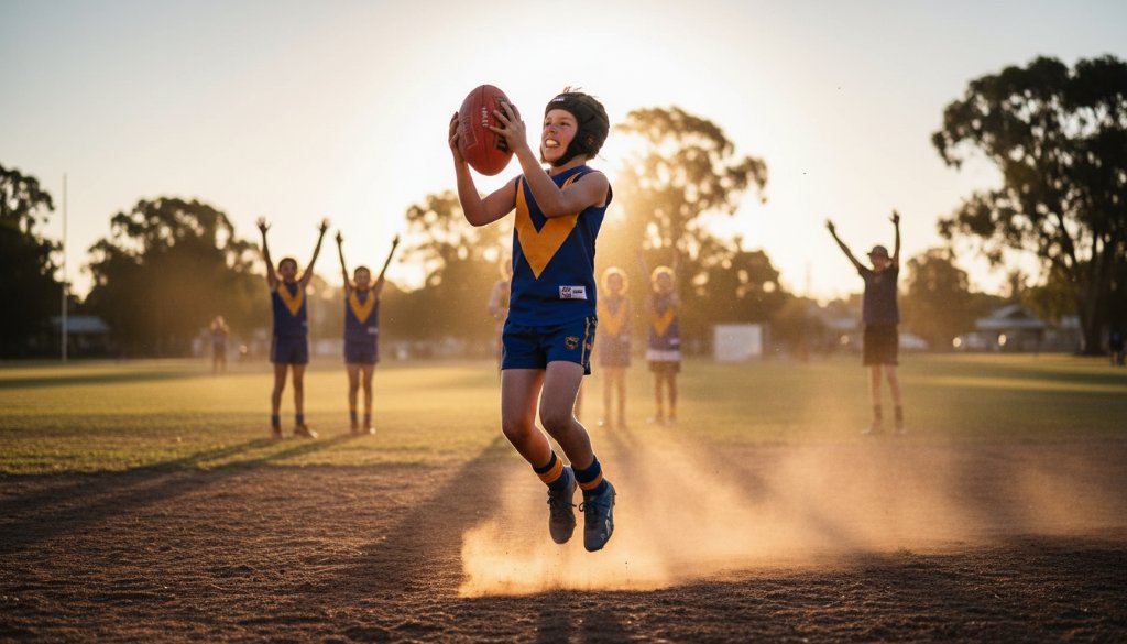 A dynamic and emotionally charged photograph capturing an unforgettable junior sports photography Canadian Victoria moment: a young Australian Rules Football player kicking for goal, bathed in dramatic evening light at a local oval, with proud parents cheering in the background.
