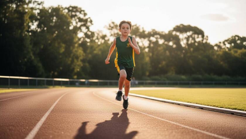 An epic, low-angle shot capturing unforgettable junior sports photography moments at Caulfield Park, showing a young athlete mid-stride with intense focus during a track event, golden hour light.
