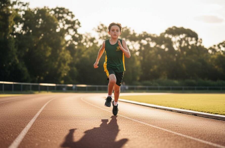 An epic, low-angle shot capturing unforgettable junior sports photography moments at Caulfield Park, showing a young athlete mid-stride with intense focus during a track event, golden hour light.