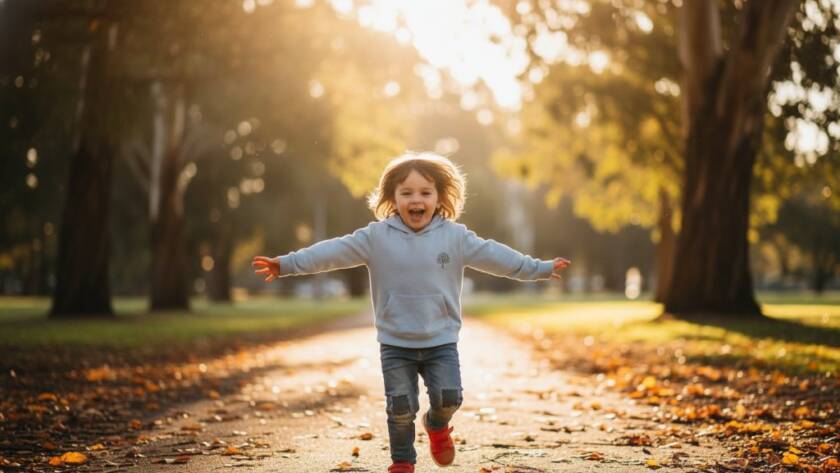 An epic moment captured: A young child with bright, joyful eyes laughs heartily while running through dappled sunlight in a lush park in Box Hill North, Victoria, embodying unforgettable kids photography Box Hill North joyful portraits with vibrant colours and dynamic movement.