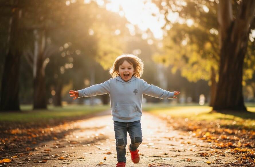 An epic moment captured: A young child with bright, joyful eyes laughs heartily while running through dappled sunlight in a lush park in Box Hill North, Victoria, embodying unforgettable kids photography Box Hill North joyful portraits with vibrant colours and dynamic movement.