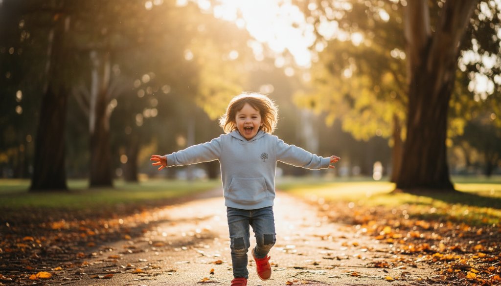An epic moment captured: A young child with bright, joyful eyes laughs heartily while running through dappled sunlight in a lush park in Box Hill North, Victoria, embodying unforgettable kids photography Box Hill North joyful portraits with vibrant colours and dynamic movement.