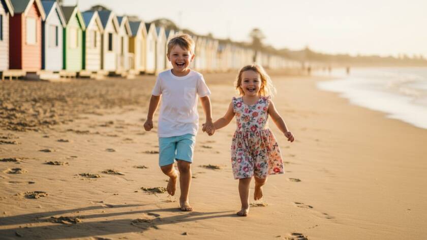 An epic moment of pure joy during unforgettable kids photography Brighton East beach sessions, featuring two children laughing and running hand-in-hand along the golden sands of Brighton Beach at sunset, with dramatic golden hour lighting, professional colour grading, and the iconic bathing boxes subtly in the background.