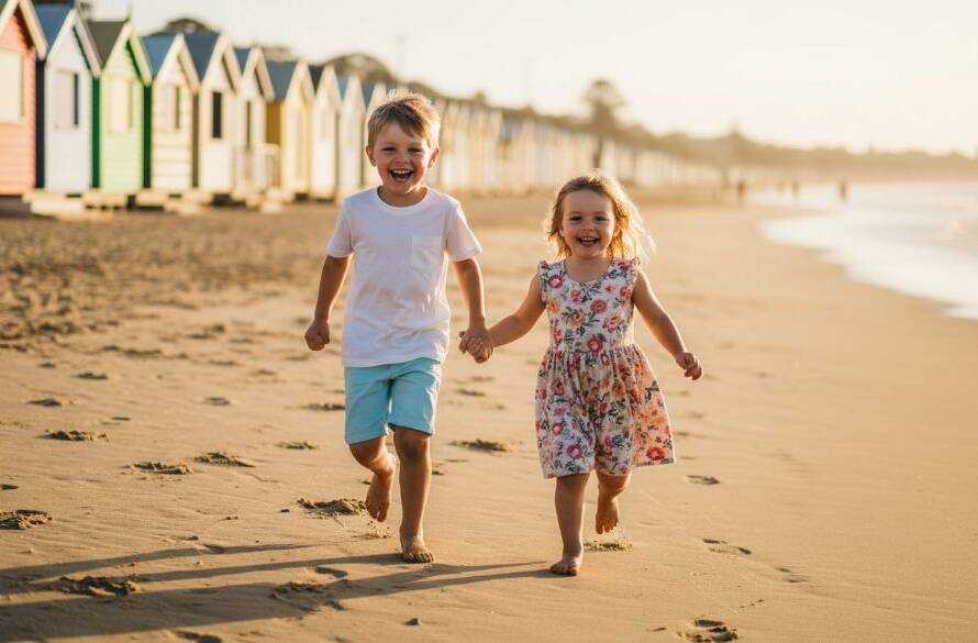 An epic moment of pure joy during unforgettable kids photography Brighton East beach sessions, featuring two children laughing and running hand-in-hand along the golden sands of Brighton Beach at sunset, with dramatic golden hour lighting, professional colour grading, and the iconic bathing boxes subtly in the background.