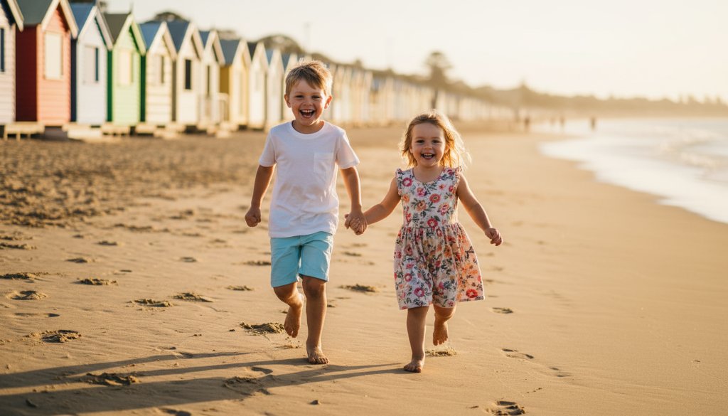 An epic moment of pure joy during unforgettable kids photography Brighton East beach sessions, featuring two children laughing and running hand-in-hand along the golden sands of Brighton Beach at sunset, with dramatic golden hour lighting, professional colour grading, and the iconic bathing boxes subtly in the background.