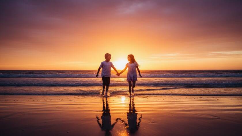 An epic moment captured: two happy children running along the sandy shore at golden hour in Werribee South, Victoria, their silhouettes outlined against the vibrant sunset, creating truly unforgettable kids photos Werribee South coastal area with a sense of freedom and joy.