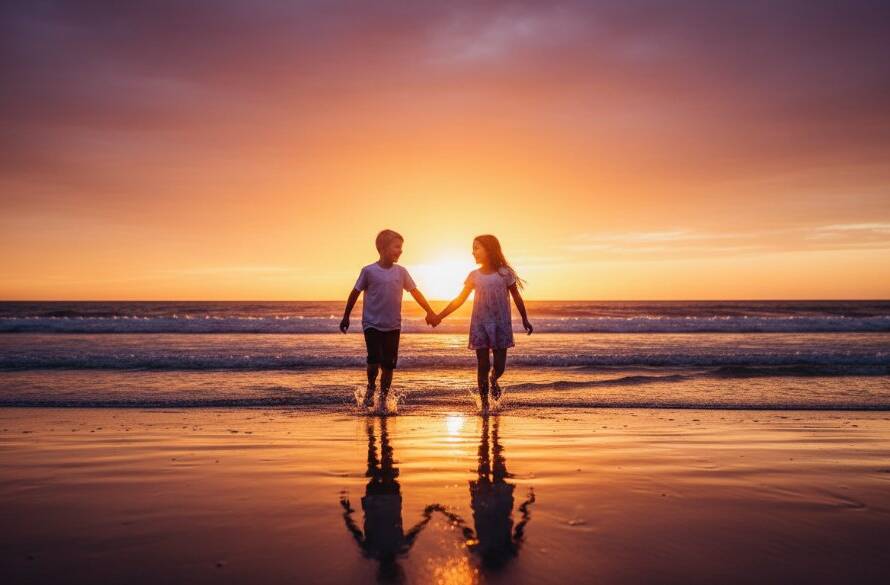 An epic moment captured: two happy children running along the sandy shore at golden hour in Werribee South, Victoria, their silhouettes outlined against the vibrant sunset, creating truly unforgettable kids photos Werribee South coastal area with a sense of freedom and joy.