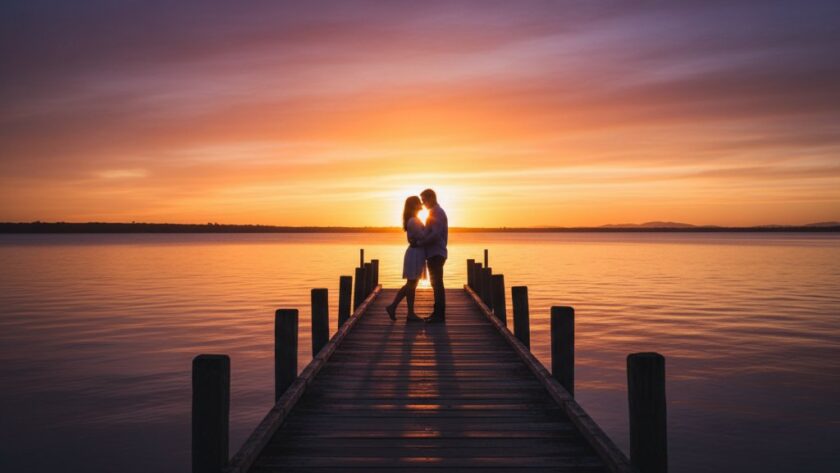 An epic moment captured in unforgettable Lakes Entrance engagement photos sunset glow, featuring a couple embracing passionately on a jetty overlooking the golden water at dusk, dramatic light, cinematic.