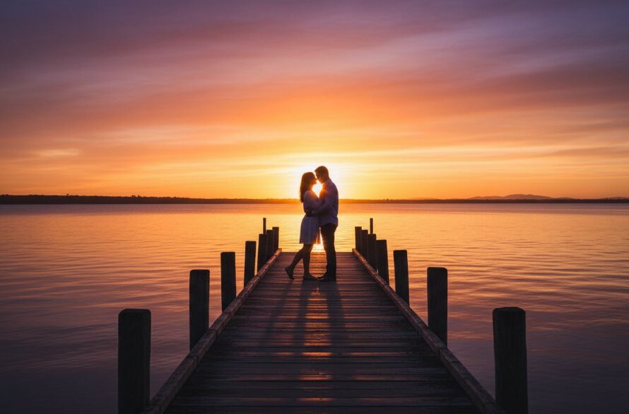 An epic moment captured in unforgettable Lakes Entrance engagement photos sunset glow, featuring a couple embracing passionately on a jetty overlooking the golden water at dusk, dramatic light, cinematic.