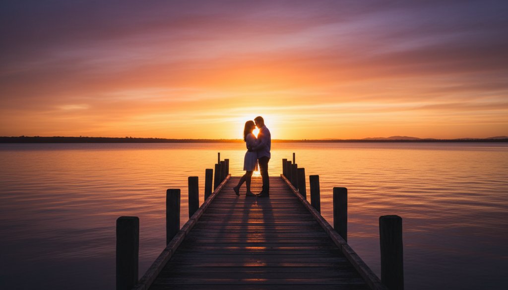 An epic moment captured in unforgettable Lakes Entrance engagement photos sunset glow, featuring a couple embracing passionately on a jetty overlooking the golden water at dusk, dramatic light, cinematic.