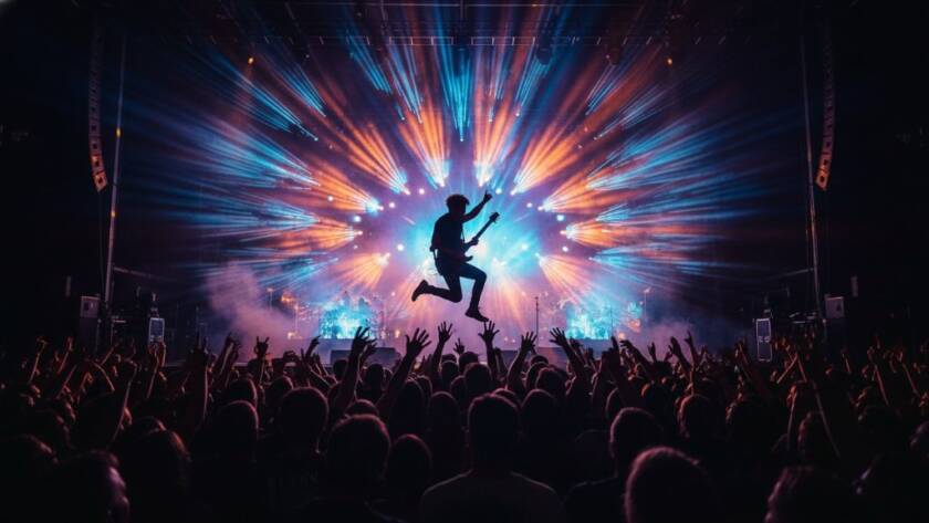 A wide-angle shot of a lead guitarist in mid-solo, bathed in dramatic red and blue stage lights, with a blurred, energetic crowd visible in the foreground and background, perfectly encapsulating unforgettable live music photography Bayswater North. The guitarist's face is ecstatic, and sweat glistens, capturing an epic, high-energy moment.