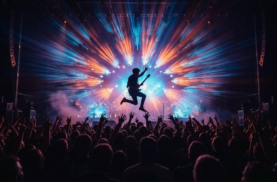 A wide-angle shot of a lead guitarist in mid-solo, bathed in dramatic red and blue stage lights, with a blurred, energetic crowd visible in the foreground and background, perfectly encapsulating unforgettable live music photography Bayswater North. The guitarist's face is ecstatic, and sweat glistens, capturing an epic, high-energy moment.