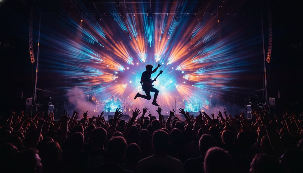 A wide-angle shot of a lead guitarist in mid-solo, bathed in dramatic red and blue stage lights, with a blurred, energetic crowd visible in the foreground and background, perfectly encapsulating unforgettable live music photography Bayswater North. The guitarist's face is ecstatic, and sweat glistens, capturing an epic, high-energy moment.