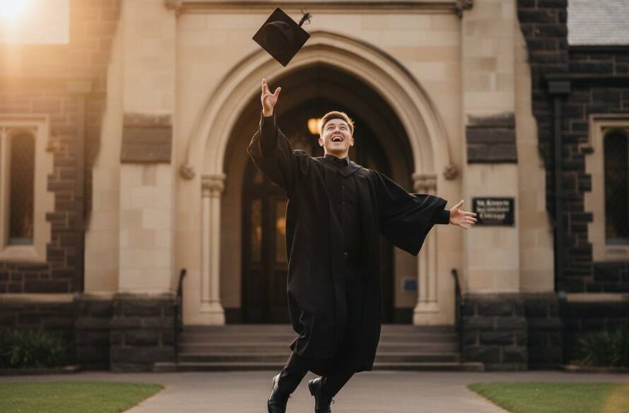 A proud graduate, wearing a cap and gown, joyfully tossing their cap into the air against the iconic backdrop of McKinnon Secondary College, capturing Unforgettable McKinnon Secondary College VCE Graduation Photos with dramatic golden hour lighting, signifying an epic achievement.