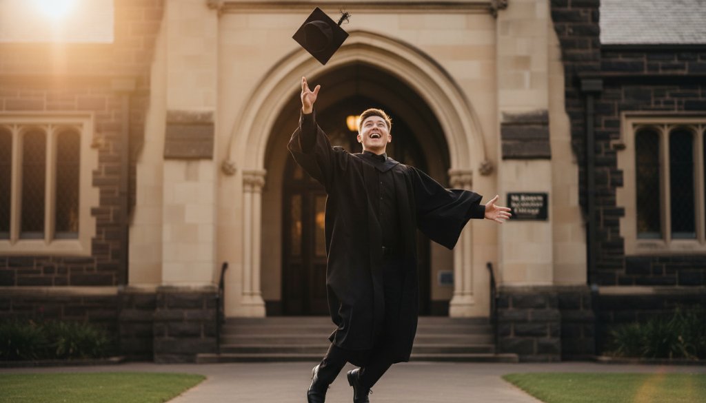 A proud graduate, wearing a cap and gown, joyfully tossing their cap into the air against the iconic backdrop of McKinnon Secondary College, capturing Unforgettable McKinnon Secondary College VCE Graduation Photos with dramatic golden hour lighting, signifying an epic achievement.
