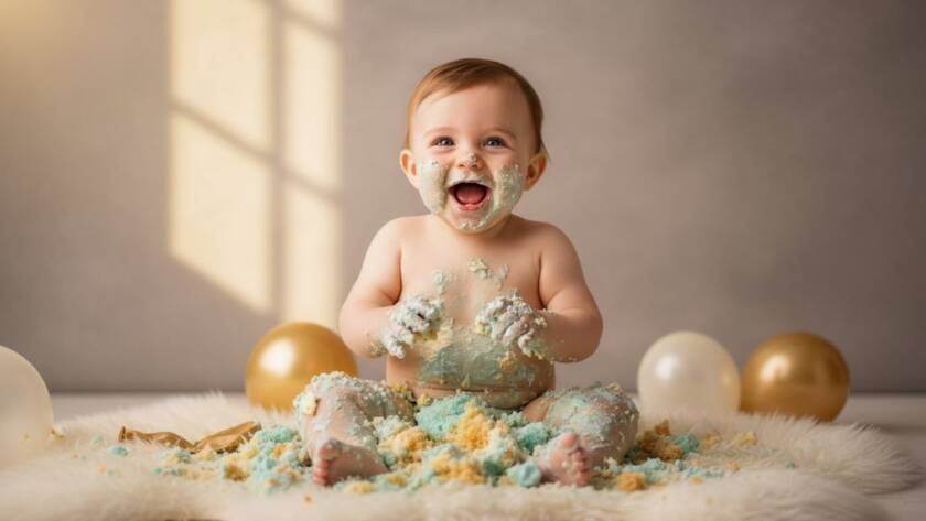 An epic moment captured during unforgettable Mitcham first birthday cake smash photography, showing a joyous baby covered in cake, laughing amidst colourful balloons with warm, dramatic backlighting in a stylish studio setting in Mitcham, Victoria.