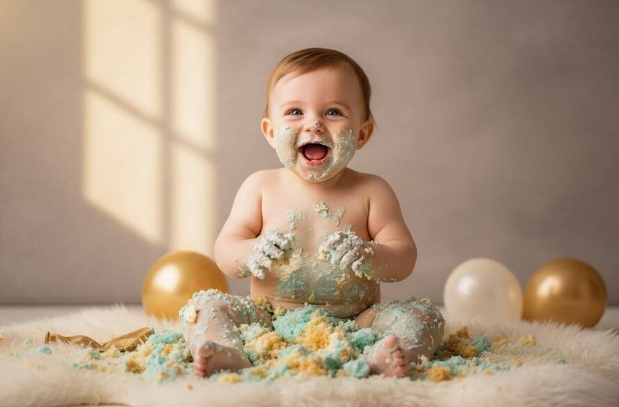An epic moment captured during unforgettable Mitcham first birthday cake smash photography, showing a joyous baby covered in cake, laughing amidst colourful balloons with warm, dramatic backlighting in a stylish studio setting in Mitcham, Victoria.