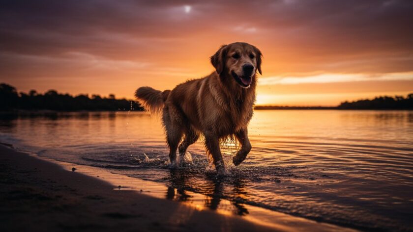 A majestic golden retriever captured in an epic moment, silhouetted against a dramatic sunset over the Murray River near Moama, embodying the spirit of Unforgettable Moama Pet Photography by the Murray River, with golden light reflecting on the water.