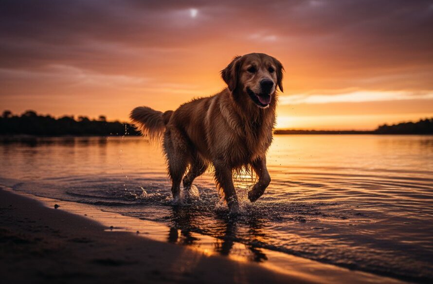 A majestic golden retriever captured in an epic moment, silhouetted against a dramatic sunset over the Murray River near Moama, embodying the spirit of Unforgettable Moama Pet Photography by the Murray River, with golden light reflecting on the water.