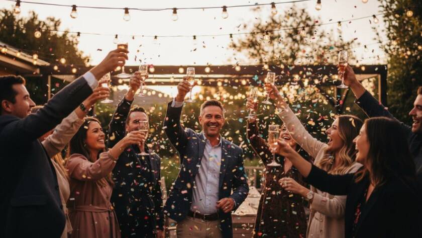 An unforgettable party photography Beaconsfield moment captured: a vibrant group of friends laughing and dancing under string lights at dusk in a Beaconsfield garden party, with dramatic backlighting and bokeh, creating a joyful, cinematic atmosphere.