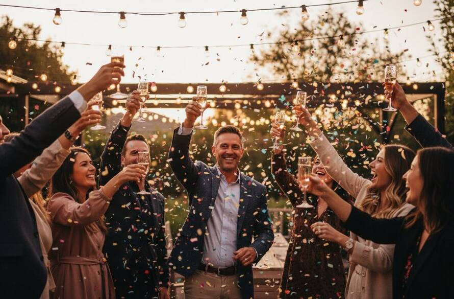 An unforgettable party photography Beaconsfield moment captured: a vibrant group of friends laughing and dancing under string lights at dusk in a Beaconsfield garden party, with dramatic backlighting and bokeh, creating a joyful, cinematic atmosphere.
