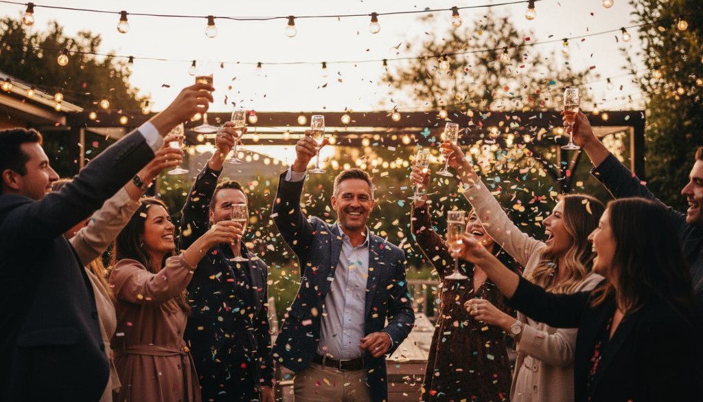 An unforgettable party photography Beaconsfield moment captured: a vibrant group of friends laughing and dancing under string lights at dusk in a Beaconsfield garden party, with dramatic backlighting and bokeh, creating a joyful, cinematic atmosphere.