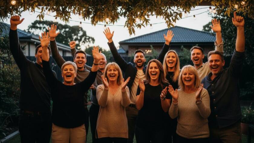 An epic moment of laughter and joy at a vibrant celebration, captured through unforgettable party photography Croydon Hills Victoria, with guests cheering under colourful lights.
