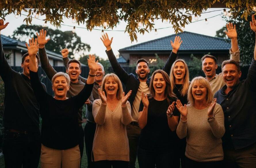 An epic moment of laughter and joy at a vibrant celebration, captured through unforgettable party photography Croydon Hills Victoria, with guests cheering under colourful lights.