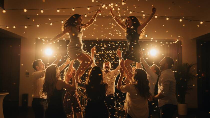 An epic moment of pure joy and laughter from a vibrant celebration in Scoresby, Victoria, captured by Unforgettable Party Photography Scoresby. The photograph features guests dancing enthusiastically under string lights, with professional dramatic lighting highlighting their expressions and movement, rendered with cinematic colour grading.
