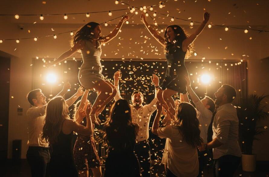 An epic moment of pure joy and laughter from a vibrant celebration in Scoresby, Victoria, captured by Unforgettable Party Photography Scoresby. The photograph features guests dancing enthusiastically under string lights, with professional dramatic lighting highlighting their expressions and movement, rendered with cinematic colour grading.
