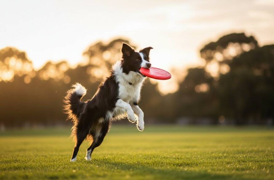 An unforgettable pet photography Clayton South parklands moment, featuring a golden retriever joyfully leaping through golden afternoon light in a lush park, captured mid-air with dynamic motion blur.