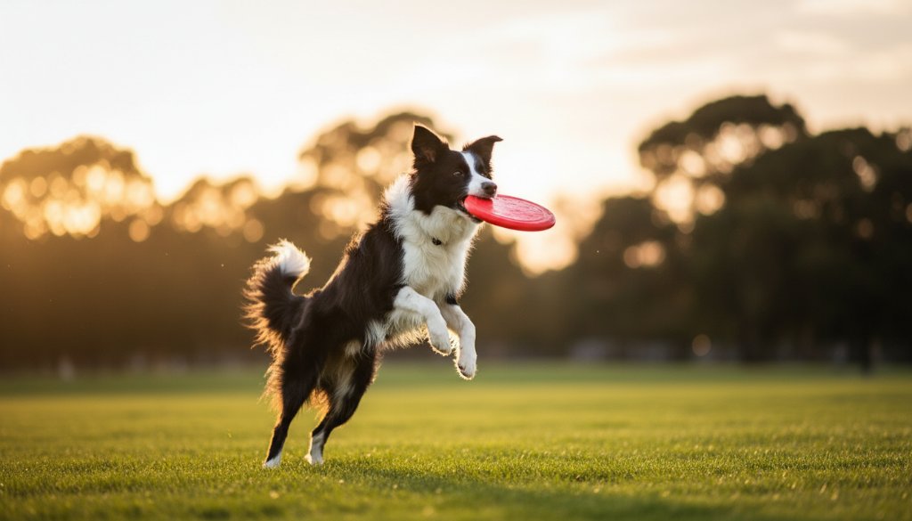 An unforgettable pet photography Clayton South parklands moment, featuring a golden retriever joyfully leaping through golden afternoon light in a lush park, captured mid-air with dynamic motion blur.