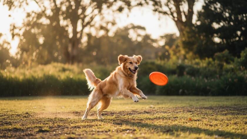 A vibrant, professionally color-graded wide-angle photograph capturing an epic moment of a golden retriever joyfully leaping through fallen autumn leaves in a sun-drenched McKinnon park, embodying unforgettable pet photography McKinnon outdoor sessions. The dog is in mid-air, ears flopping, with a blurred backdrop of mature eucalyptus trees and warm afternoon light creating a halo effect. Dynamic composition, rich autumnal colours, and a sense of pure canine happiness.