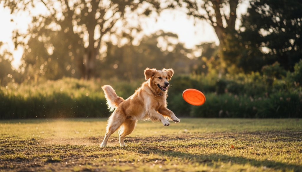 A vibrant, professionally color-graded wide-angle photograph capturing an epic moment of a golden retriever joyfully leaping through fallen autumn leaves in a sun-drenched McKinnon park, embodying unforgettable pet photography McKinnon outdoor sessions. The dog is in mid-air, ears flopping, with a blurred backdrop of mature eucalyptus trees and warm afternoon light creating a halo effect. Dynamic composition, rich autumnal colours, and a sense of pure canine happiness.