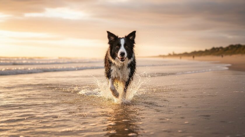 A golden retriever joyfully leaping through shallow waves on a sunny Lakes Entrance beach, its fur glistening, capturing an unforgettable pet photography sessions Lakes Entrance beaches moment of pure exuberance, with dramatic lighting and professional colour grading.