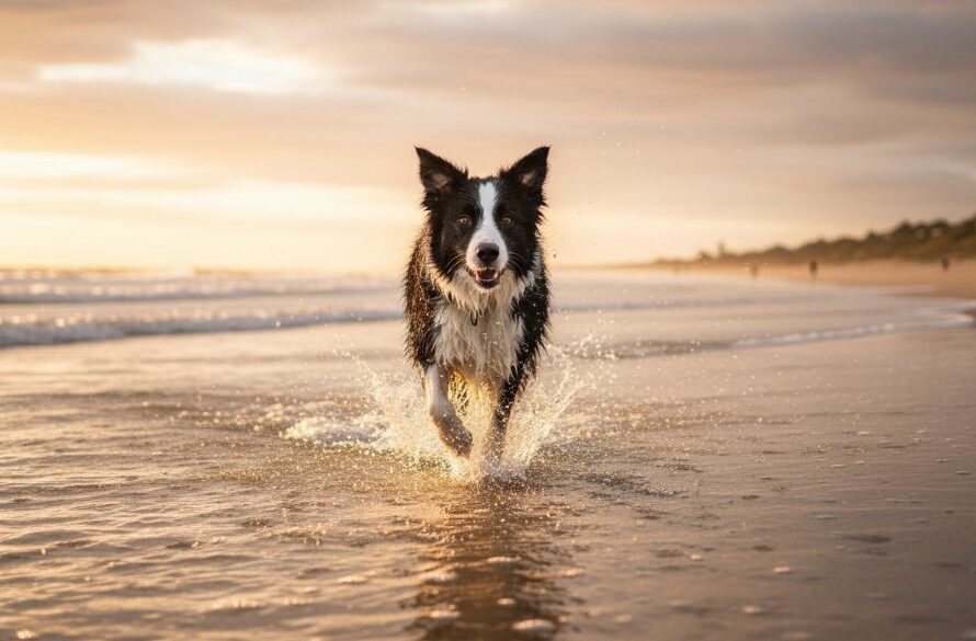 A golden retriever joyfully leaping through shallow waves on a sunny Lakes Entrance beach, its fur glistening, capturing an unforgettable pet photography sessions Lakes Entrance beaches moment of pure exuberance, with dramatic lighting and professional colour grading.