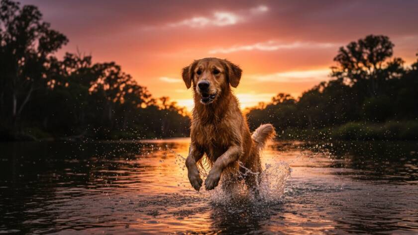 An unforgettable pet photography Warrandyte South moment: A golden retriever joyfully leaps through golden hour sunlight by the Yarra River's edge in Warrandyte South, water splashing, captured with dramatic lighting and professional colour grading.