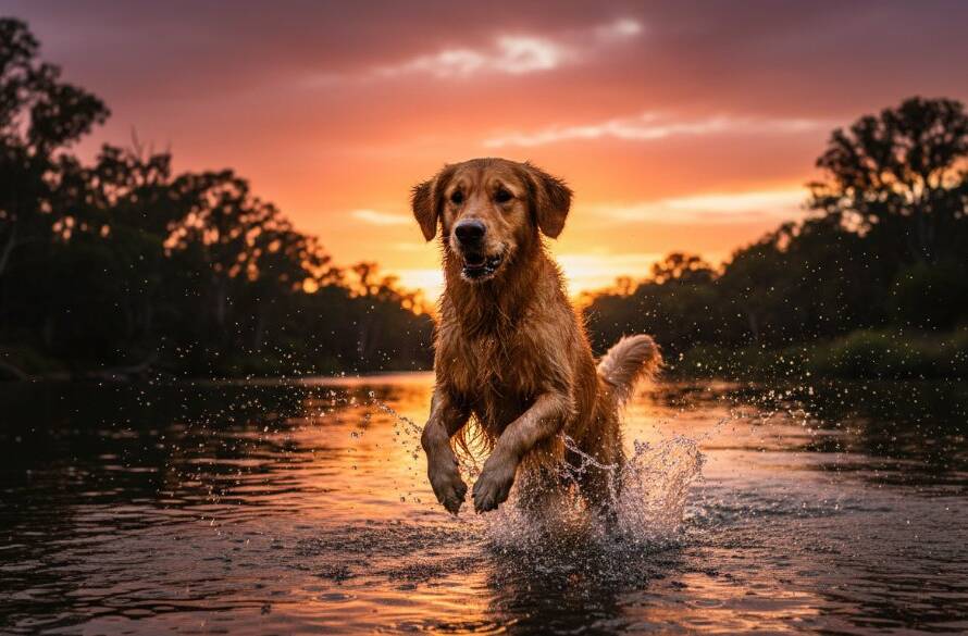 An unforgettable pet photography Warrandyte South moment: A golden retriever joyfully leaps through golden hour sunlight by the Yarra River's edge in Warrandyte South, water splashing, captured with dramatic lighting and professional colour grading.