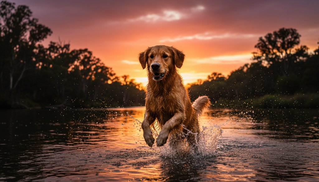 An unforgettable pet photography Warrandyte South moment: A golden retriever joyfully leaps through golden hour sunlight by the Yarra River's edge in Warrandyte South, water splashing, captured with dramatic lighting and professional colour grading.