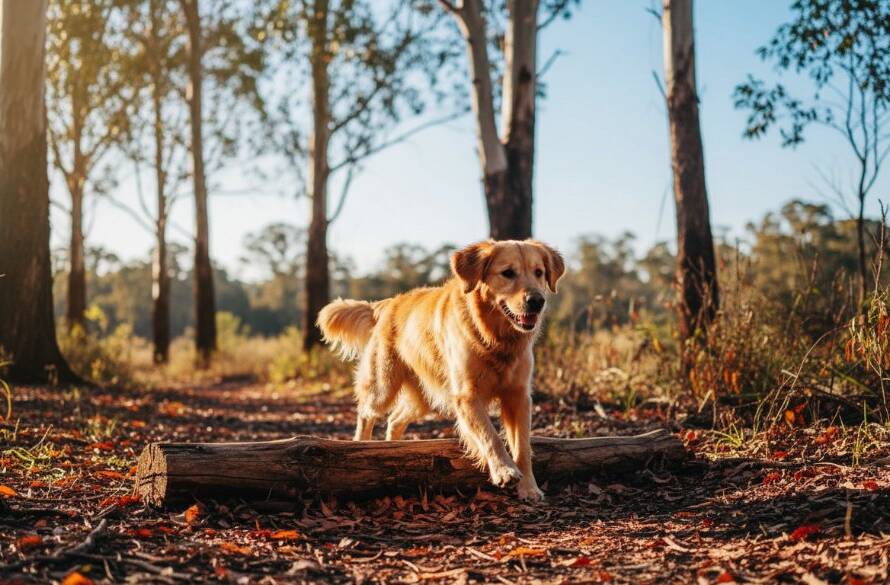 An epic moment of a joyful golden retriever running through the golden hour light on one of Langwarrin's gum-lined trails, capturing the essence of unforgettable pet portraits Langwarrin's gum-lined trails with dynamic movement and radiant energy.