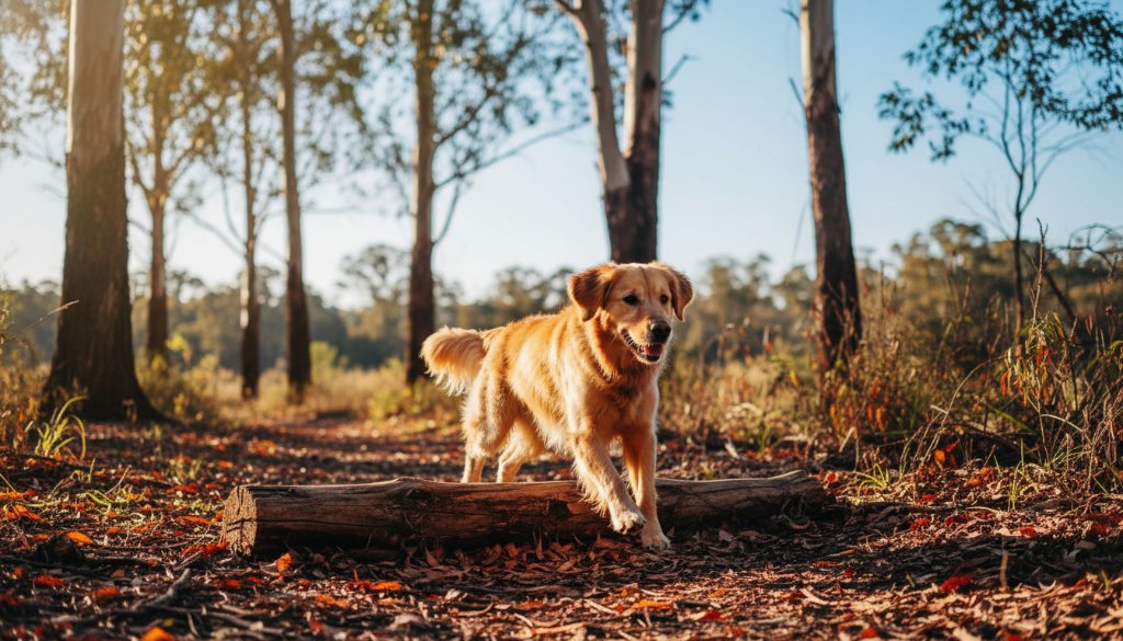 An epic moment of a joyful golden retriever running through the golden hour light on one of Langwarrin's gum-lined trails, capturing the essence of unforgettable pet portraits Langwarrin's gum-lined trails with dynamic movement and radiant energy.