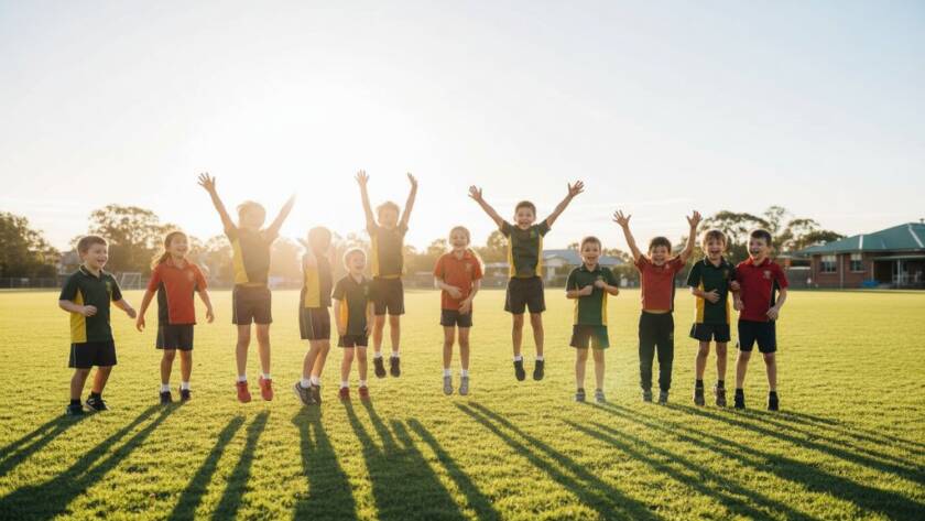 An inspiring and joyful group shot of primary school children in Mulgrave, Victoria, celebrating a school event outdoors, bathed in warm, golden hour light, symbolising unforgettable primary school photos Mulgrave Victoria.