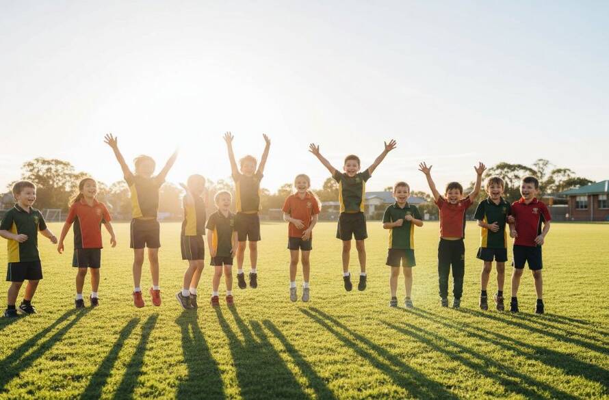 An inspiring and joyful group shot of primary school children in Mulgrave, Victoria, celebrating a school event outdoors, bathed in warm, golden hour light, symbolising unforgettable primary school photos Mulgrave Victoria.