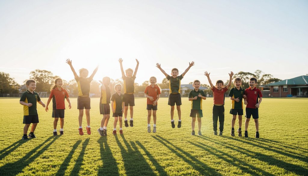 An inspiring and joyful group shot of primary school children in Mulgrave, Victoria, celebrating a school event outdoors, bathed in warm, golden hour light, symbolising unforgettable primary school photos Mulgrave Victoria.