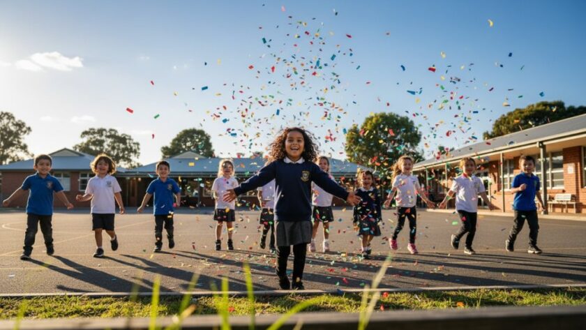 A vibrant, wide-angle shot capturing the joyful, candid celebration of students tossing their caps after an outdoor graduation ceremony at a Mildura school, bathed in golden hour light, reflecting the essence of unforgettable school photography Mildura Victoria.
